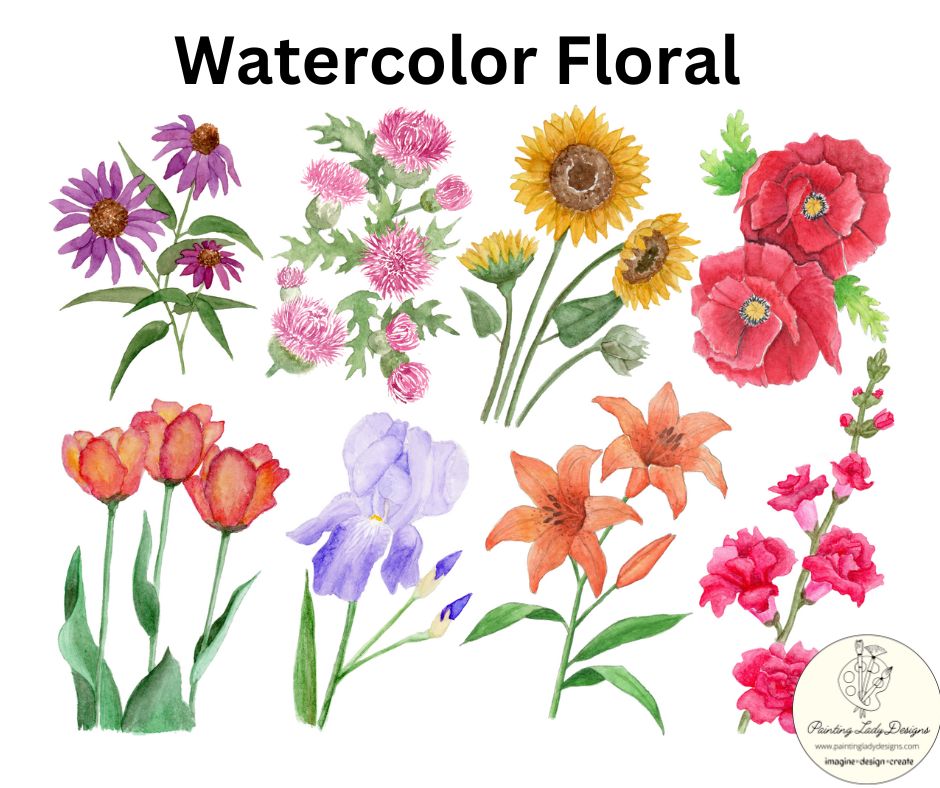 Watercolor Florals - 8 Gorgeous Flowers on one 18x24 sheet
